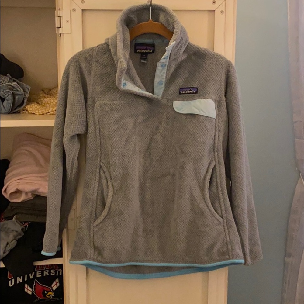 Patagonia Grey Fleece with Light Blue Hem